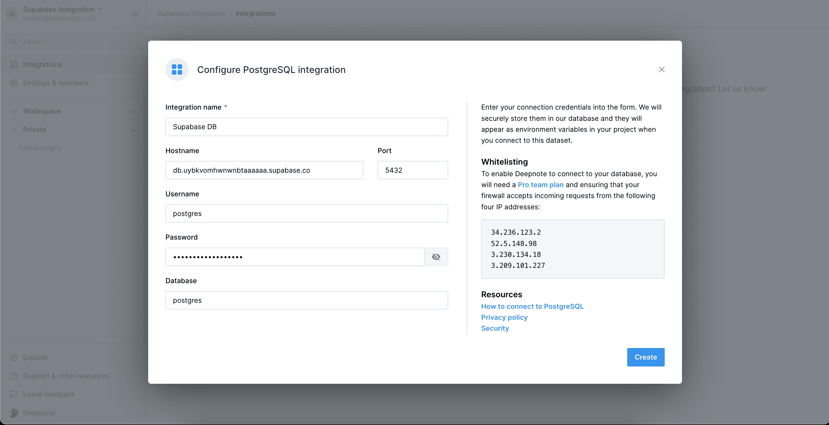  Create a Postgres integration in Deepnote