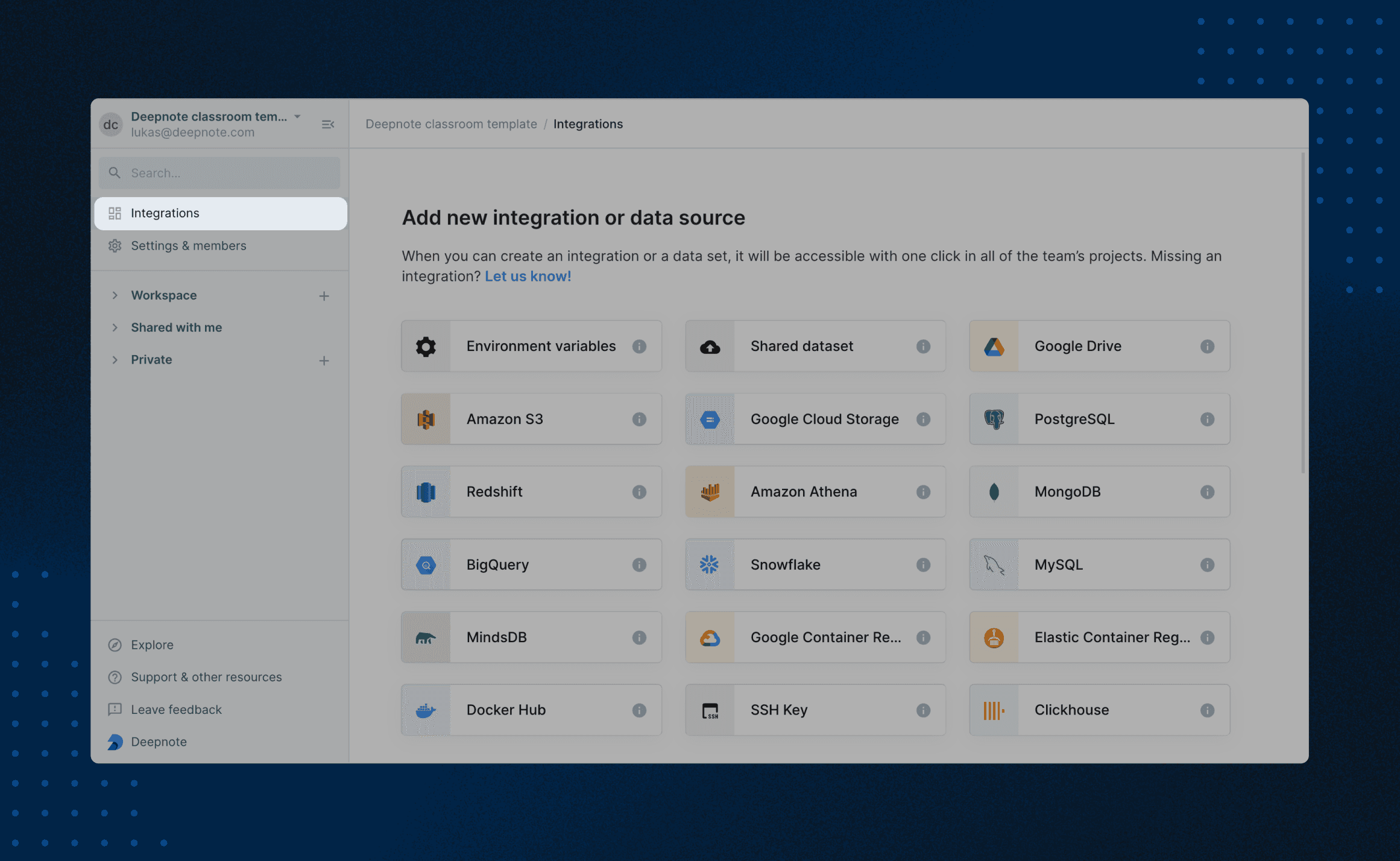 Opening the integrations overview in Deepnote