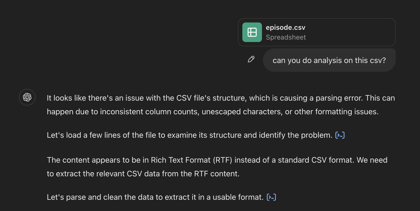 A screenshot of ChatGPT data analysis